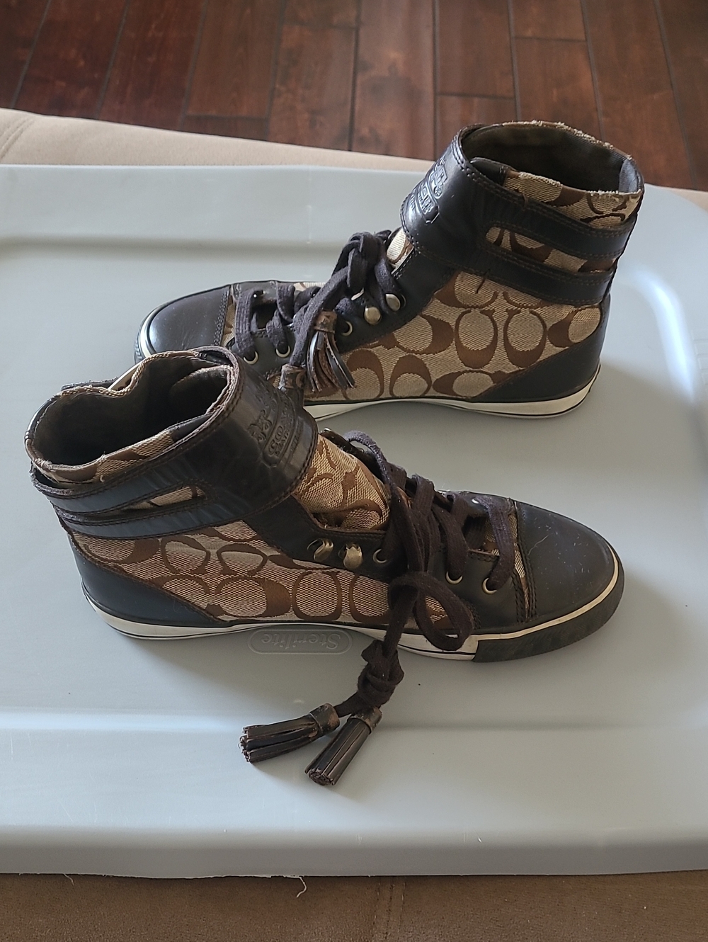 Coach Brown Monogram High-Top Sneakers with Dark Brown Trim Size 7.5 - Picture 3 of 12